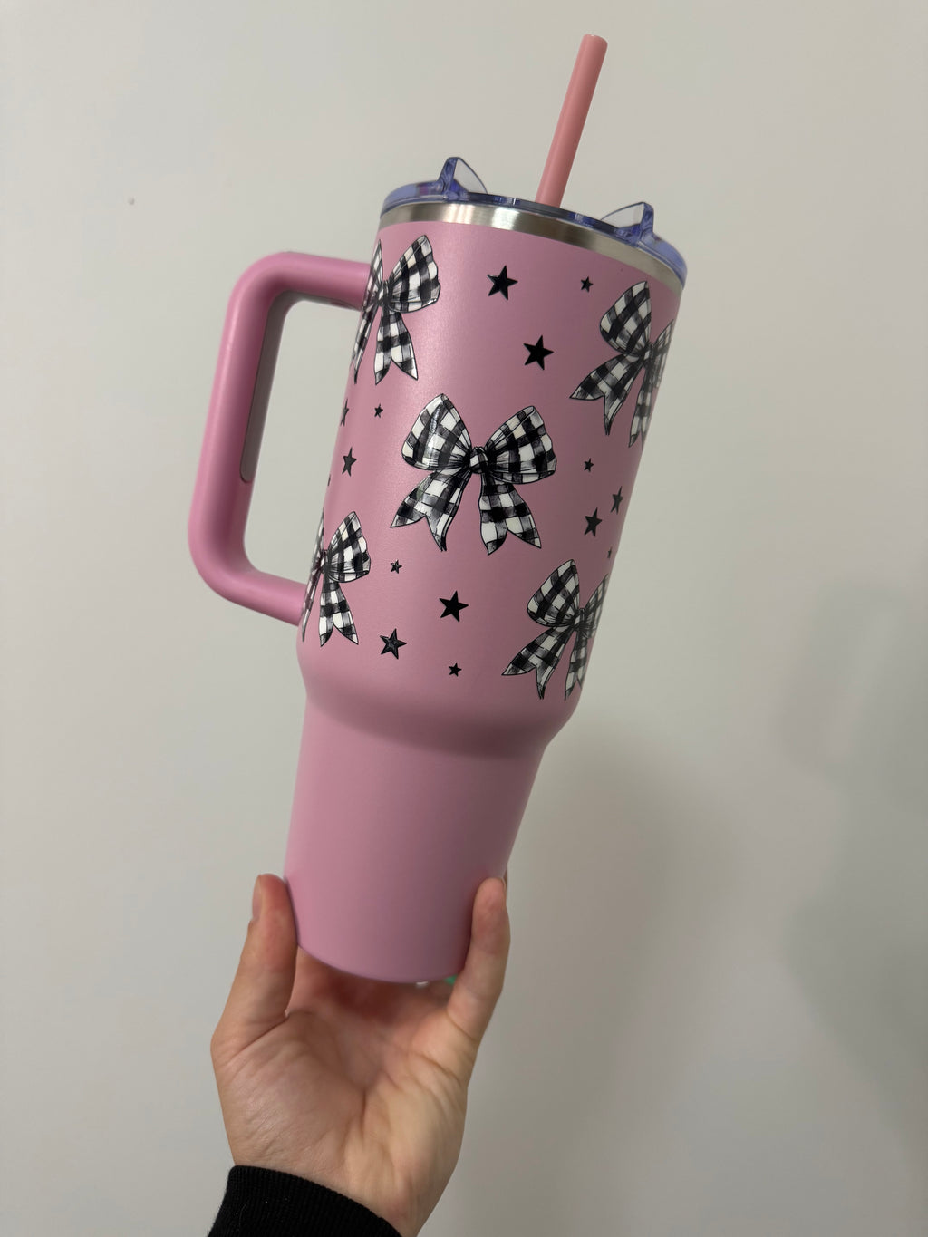 Checkered Bow Pink Stainless Steel