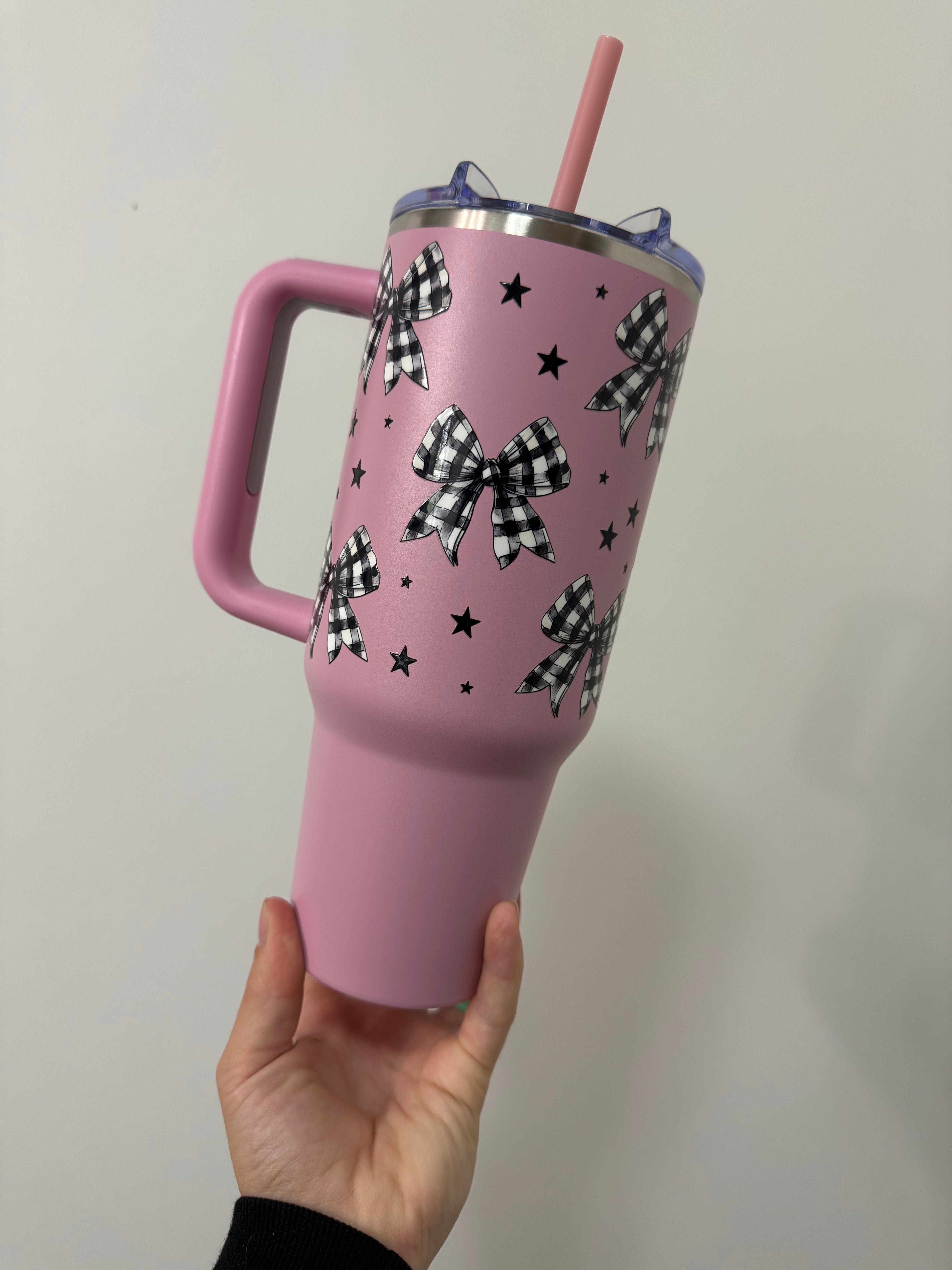 Checkered Bow Pink Stainless Steel